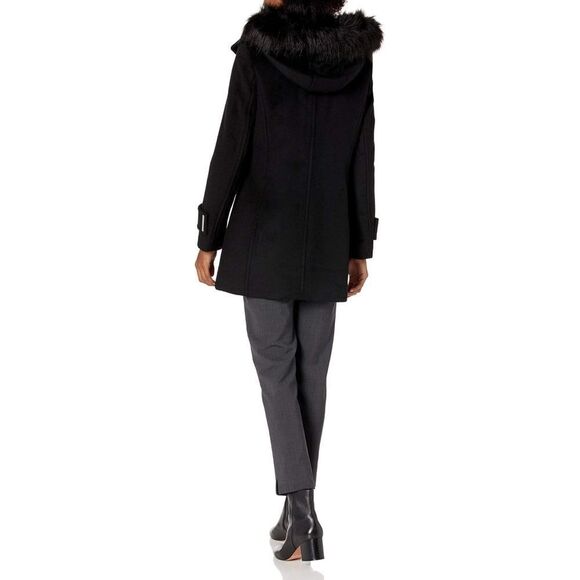 New! CALVIN KLEIN Wool-Blend Hooded Faux Fur Black Coat Jacket XL Zip-Front - Picture 7 of 12